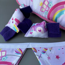 Load image into Gallery viewer, Unicorn stay open tunnel, bunting and toys. Padded fleece tunnel.