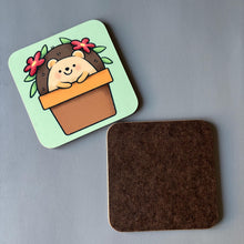 Load image into Gallery viewer, Hedgehog in plant pot coaster. Animal lover gift.