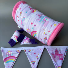 Load image into Gallery viewer, Unicorn stay open tunnel, bunting and toys. Padded fleece tunnel.