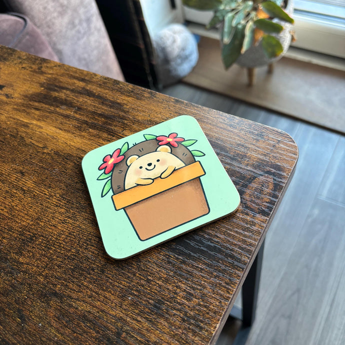 Hedgehog in plant pot coaster. Animal lover gift.