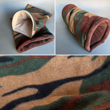 Load image into Gallery viewer, Camo mini set. Tunnel, snuggle sack and toys. Fleece bedding. Hedgehog fleece tunnel and pouch.