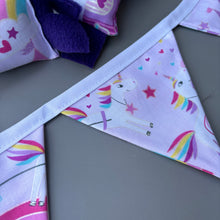 Load image into Gallery viewer, Unicorn stay open tunnel, bunting and toys. Padded fleece tunnel.