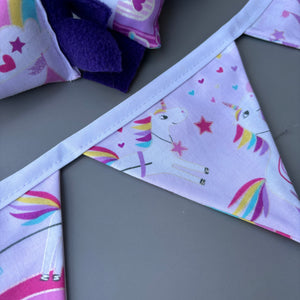 Unicorn stay open tunnel, bunting and toys. Padded fleece tunnel.