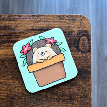 Load image into Gallery viewer, Hedgehog in plant pot coaster. Animal lover gift.