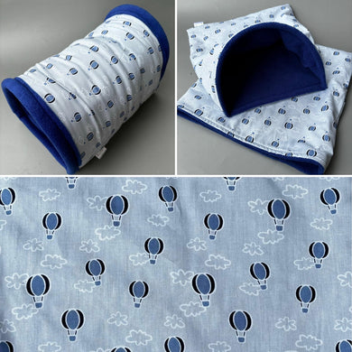 LARGE Hot air balloon mini set. LARGE size tunnel, LARGE snuggle sack and toys. Fleece bedding.