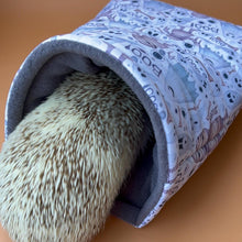 Load image into Gallery viewer, Halloween mummy and ghosts cosy snuggle cave. Padded stay open snuggle sack. Hedgehog bed. Fleece pet bedding.