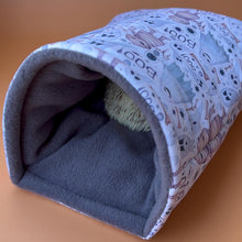 Load image into Gallery viewer, Halloween mummy and ghosts cosy snuggle cave. Padded stay open snuggle sack. Hedgehog bed. Fleece pet bedding.