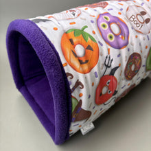 Load image into Gallery viewer, LARGE Halloween donuts guinea pigs stay open tunnel. Padded fleece tunnel. Padded tunnel for guinea pigs.