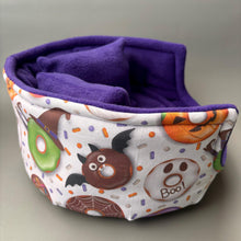 Load image into Gallery viewer, LARGE Halloween donuts cuddle cup. Pet sofa. Guinea pig bed. Pet beds. Fleece bed. Fleece sofa. Pet sofa.