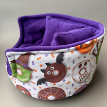 Load image into Gallery viewer, LARGE Halloween donuts cuddle cup. Pet sofa. Guinea pig bed. Pet beds. Fleece bed. Fleece sofa. Pet sofa.