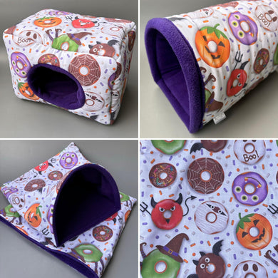 LARGE Halloween donuts full cage set. Large house, large snuggle sack, large tunnel cage set for chunky hedgehogs and guinea pigs.