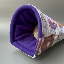 Load image into Gallery viewer, Halloween mummy and ghosts cosy snuggle cave. Padded stay open snuggle sack. Hedgehog bed. Fleece pet bedding.