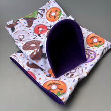 Load image into Gallery viewer, Halloween donuts snuggle sack. Sleeping bag for hedgehogs or guinea pigs. Fleece lined.