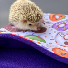 Load image into Gallery viewer, Halloween donuts snuggle sack. Sleeping bag for hedgehogs or guinea pigs. Fleece lined.