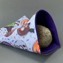 Load image into Gallery viewer, Halloween donuts snuggle sack. Sleeping bag for hedgehogs or guinea pigs. Fleece lined.