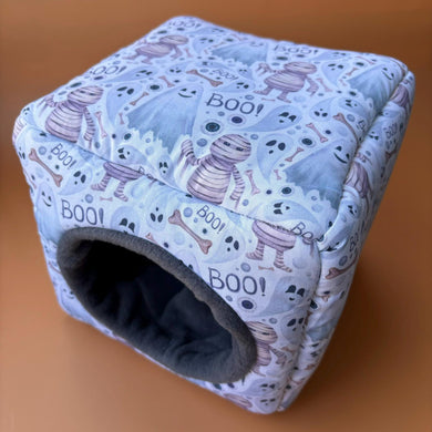 Halloween mummy and ghosts cosy cube house. Hedgehog and guinea pig cube house. Padded fleece lined house.