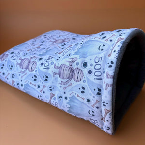 Halloween mummy and ghosts cosy snuggle cave. Padded stay open snuggle sack. Hedgehog bed. Fleece pet bedding.