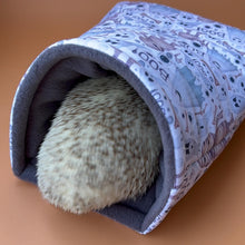 Load image into Gallery viewer, Halloween mummy and ghosts cosy snuggle cave. Padded stay open snuggle sack. Hedgehog bed. Fleece pet bedding.