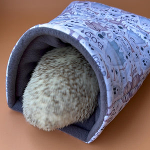 Halloween mummy and ghosts cosy snuggle cave. Padded stay open snuggle sack. Hedgehog bed. Fleece pet bedding.