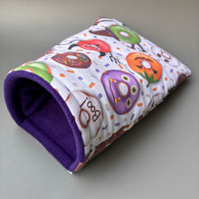 Load image into Gallery viewer, Halloween mummy and ghosts cosy snuggle cave. Padded stay open snuggle sack. Hedgehog bed. Fleece pet bedding.