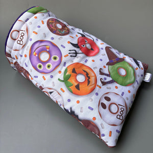 Halloween mummy and ghosts cosy snuggle cave. Padded stay open snuggle sack. Hedgehog bed. Fleece pet bedding.