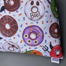 Load image into Gallery viewer, Halloween mummy and ghosts cosy snuggle cave. Padded stay open snuggle sack. Hedgehog bed. Fleece pet bedding.