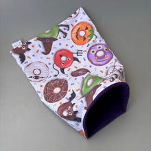 Load image into Gallery viewer, Halloween donuts snuggle sack. Sleeping bag for hedgehogs or guinea pigs. Fleece lined.