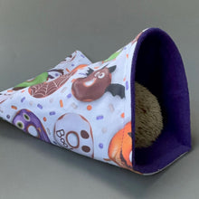 Load image into Gallery viewer, Halloween donuts snuggle sack. Sleeping bag for hedgehogs or guinea pigs. Fleece lined.