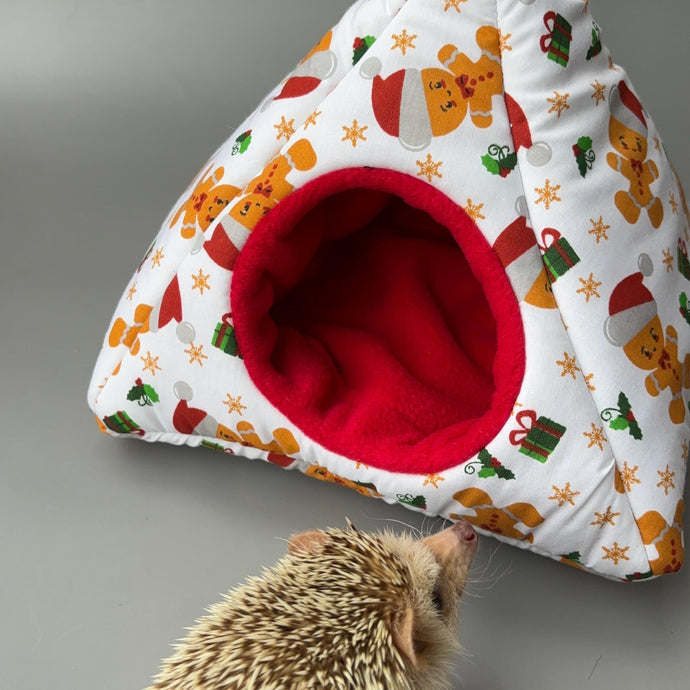 Christmas gingerbread man tent house. Hedgehog and small animal house. Padded fleece lined house.