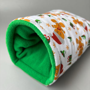 Christmas gingerbread man cosy snuggle cave. Padded stay open snuggle sack. Hedgehog bed. Fleece pet bedding.