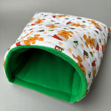 Load image into Gallery viewer, LARGE Christmas gingerbread man cosy snuggle cave. Padded stay open snuggle sack. Fleece pet bed. Stay open padded cave.