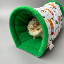 Load image into Gallery viewer, Christmas gingerbread man stay open tunnel. Padded fleece tunnel. Tube for hedgehogs, rats and small pets. Small pet cosy tunnel.