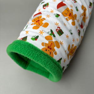 Christmas gingerbread man stay open tunnel. Padded fleece tunnel. Tube for hedgehogs, rats and small pets. Small pet cosy tunnel.