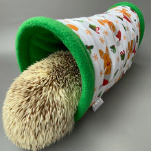 Load image into Gallery viewer, Christmas gingerbread man stay open tunnel. Padded fleece tunnel. Tube for hedgehogs, rats and small pets. Small pet cosy tunnel.