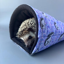 Load image into Gallery viewer, Happy Quills hedgehog cosy snuggle cave. Padded stay open snuggle sack. Hedgehog bed. Fleece pet bedding.