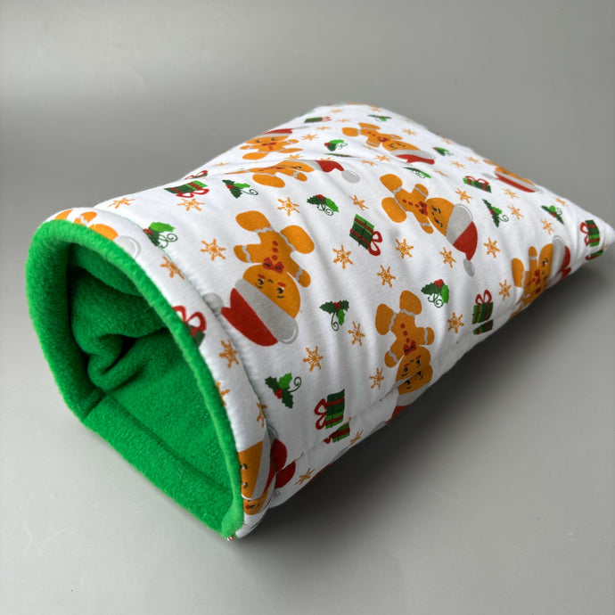 Christmas gingerbread man cosy snuggle cave. Padded stay open snuggle sack. Hedgehog bed. Fleece pet bedding.