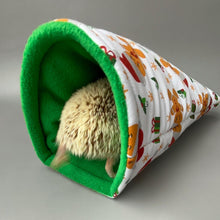 Load image into Gallery viewer, Christmas gingerbread man cosy snuggle cave. Padded stay open snuggle sack. Hedgehog bed. Fleece pet bedding.