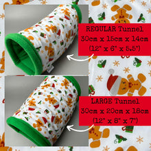 Load image into Gallery viewer, Christmas gingerbread man stay open tunnel. Padded fleece tunnel. Tube for hedgehogs, rats and small pets. Small pet cosy tunnel.