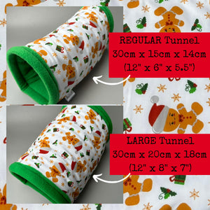 Christmas gingerbread man stay open tunnel. Padded fleece tunnel. Tube for hedgehogs, rats and small pets. Small pet cosy tunnel.