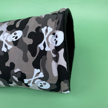 Load image into Gallery viewer, Camo skulls cosy snuggle cave. Padded stay open snuggle sack. Hedgehog bed.