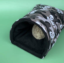 Load image into Gallery viewer, Camo skulls cosy snuggle cave. Padded stay open snuggle sack. Hedgehog bed.