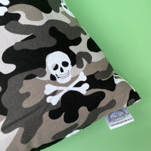 Load image into Gallery viewer, Camo skulls cosy snuggle cave. Padded stay open snuggle sack. Hedgehog bed.