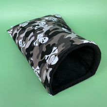 Load image into Gallery viewer, Camo skulls cosy snuggle cave. Padded stay open snuggle sack. Hedgehog bed.