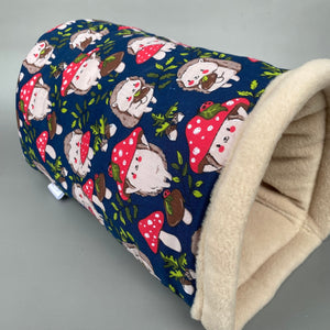 Hedgehogs with Mushroom Hats bunker. Hedgehog and guinea pig fleece lined bed.