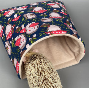 LARGE Hedgehogs with Mushroom Hats cosy snuggle cave. Padded stay open snuggle cave.