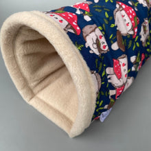 Load image into Gallery viewer, Hedgehogs with Mushroom Hats stay open tunnel. Padded fleece tunnel. Small pet tunnel.