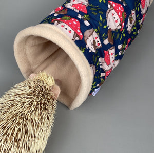 Hedgehogs with Mushroom Hats stay open tunnel. Padded fleece tunnel. Small pet tunnel.