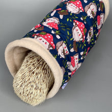 Load image into Gallery viewer, Hedgehogs with Mushroom Hats stay open tunnel. Padded fleece tunnel. Small pet tunnel.